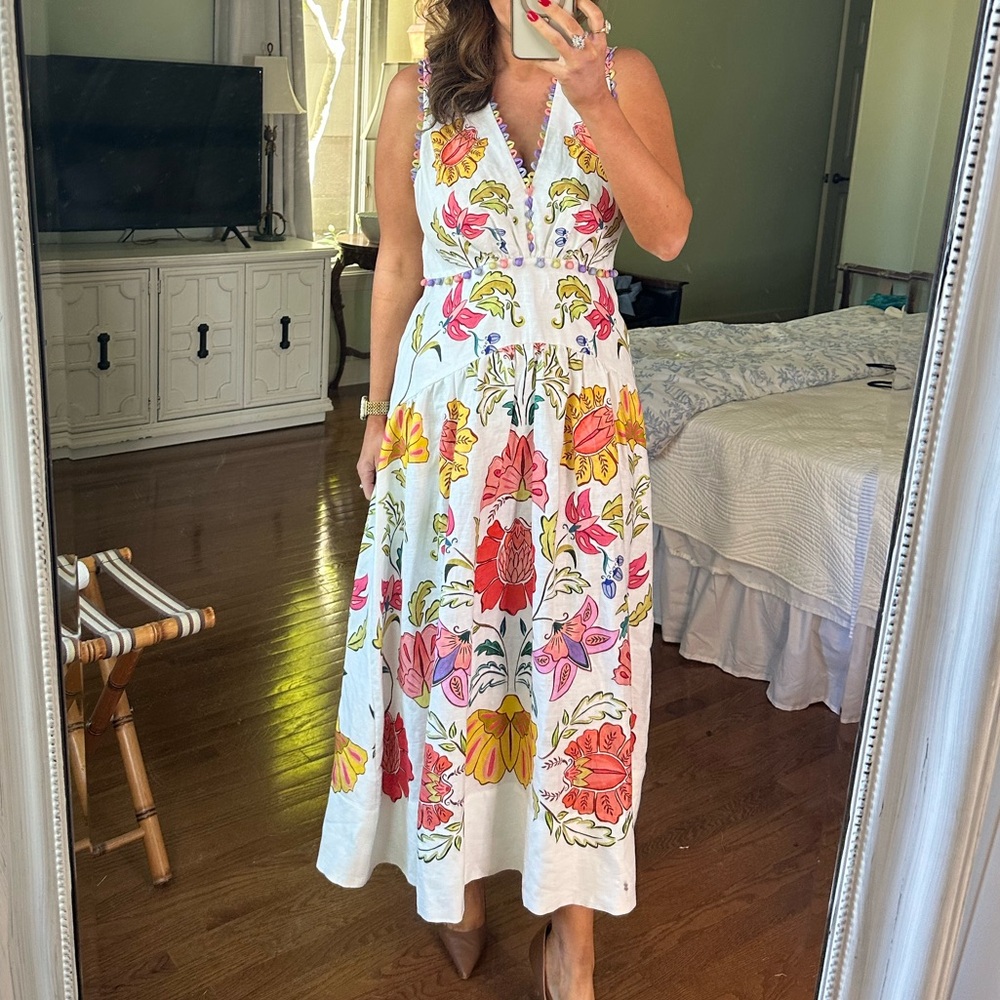 FARM Rio Off-White Floral Insects Euroflax™ Premium Linen Maxi Dress